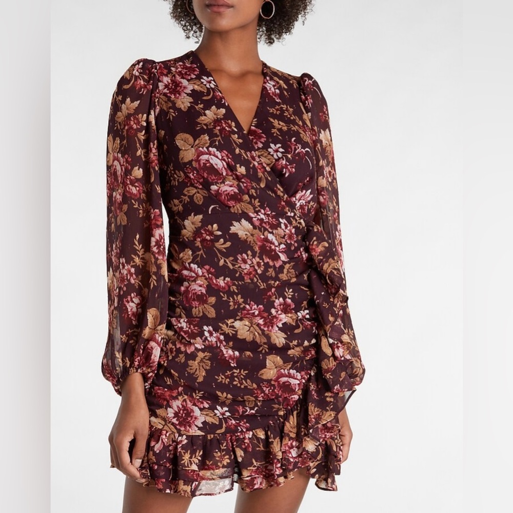 Express Floral Print Faux Wrap Ruffle Mini Dress - Picture 4 of 8